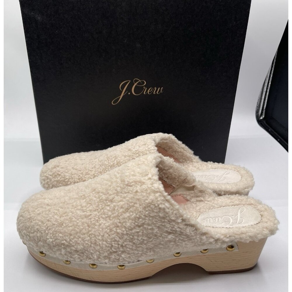 J.CREW Clogs Shearling Faux Fur Studded Trim Dusty Ivory Size 8.5 Womens shoes
